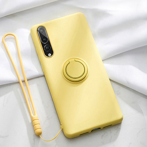 Custodia Silicone Ultra Sottile Morbida Cover con Magnetico Anello Supporto T01 per Huawei P20 Pro Giallo