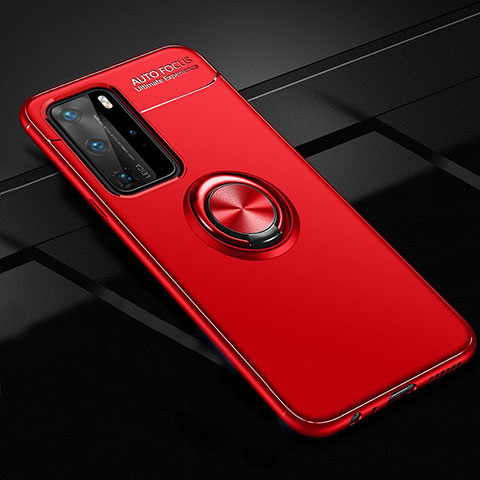 Custodia Silicone Ultra Sottile Morbida Cover con Magnetico Anello Supporto T01 per Huawei P40 Pro Rosso