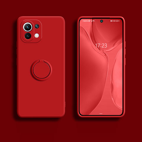 Custodia Silicone Ultra Sottile Morbida Cover con Magnetico Anello Supporto T02 per Xiaomi Mi 11 Lite 5G NE Rosso