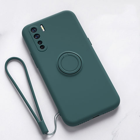 Custodia Silicone Ultra Sottile Morbida Cover con Magnetico Anello Supporto T03 per Oppo Reno3 Verde