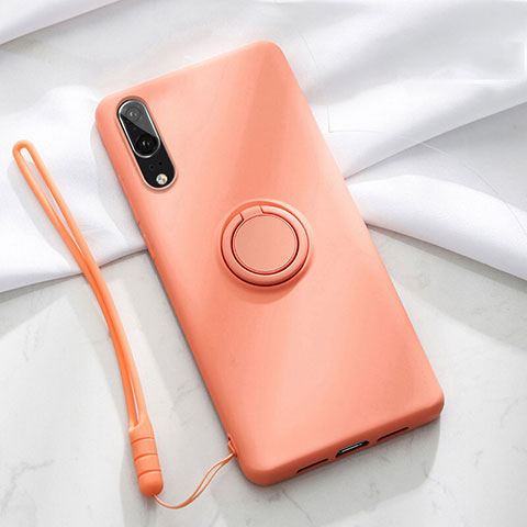 Custodia Silicone Ultra Sottile Morbida Cover con Magnetico Anello Supporto T04 per Huawei P20 Arancione