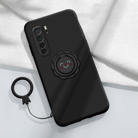 Custodia Silicone Ultra Sottile Morbida Cover con Magnetico Anello Supporto T04 per Huawei P40 Lite 5G Nero