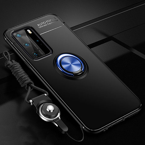 Custodia Silicone Ultra Sottile Morbida Cover con Magnetico Anello Supporto T04 per Huawei P40 Pro Blu e Nero