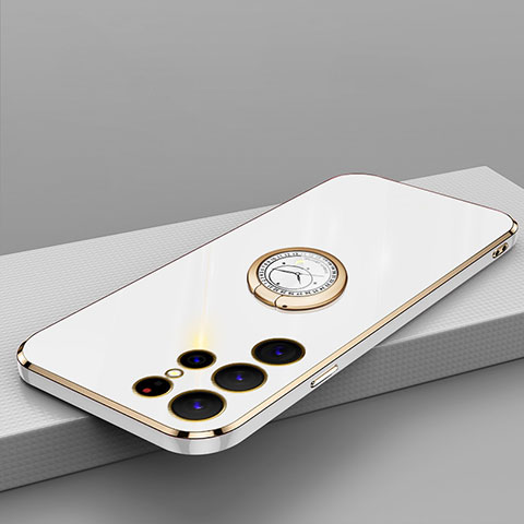 Custodia Silicone Ultra Sottile Morbida Cover con Magnetico Anello Supporto T04 per Samsung Galaxy S22 Ultra 5G Bianco