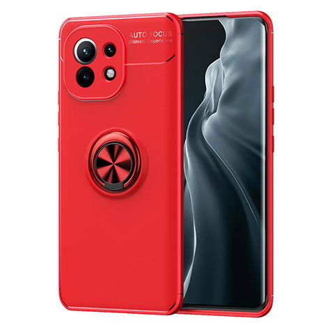 Custodia Silicone Ultra Sottile Morbida Cover con Magnetico Anello Supporto T04 per Xiaomi Mi 11 Lite 5G NE Rosso