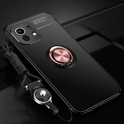 Custodia Silicone Ultra Sottile Morbida Cover con Magnetico Anello Supporto T05 per Xiaomi Mi 11 Lite 5G NE Oro e Nero