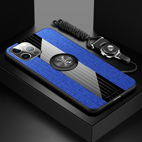 Custodia Silicone Ultra Sottile Morbida Cover con Magnetico Anello Supporto Z01 per Apple iPhone 15 Pro Max Blu