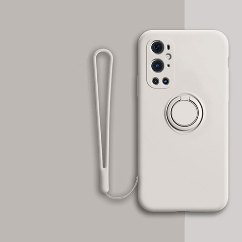 Custodia Silicone Ultra Sottile Morbida Cover con Magnetico Anello Supporto Z01 per OnePlus 9 Pro 5G Bianco