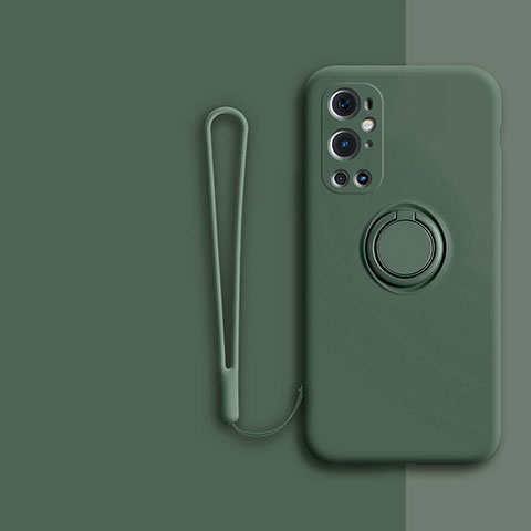 Custodia Silicone Ultra Sottile Morbida Cover con Magnetico Anello Supporto Z01 per OnePlus 9 Pro 5G Verde Notte