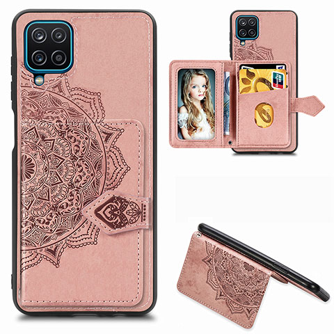 Custodia Silicone Ultra Sottile Morbida Cover con Magnetico S06D per Samsung Galaxy A12 Oro Rosa