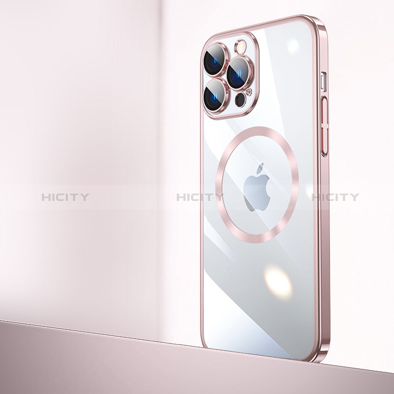 Cover Crystal Trasparente Rigida Cover con Mag-Safe Magnetic QC2 per Apple iPhone 15 Pro Max Oro Rosa