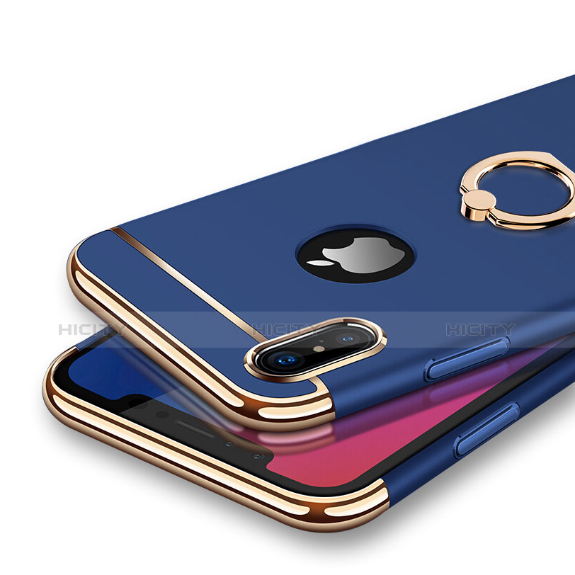 Cover Lusso Metallo Laterale e Plastica con Anello Supporto F02 per Apple iPhone Xs Blu