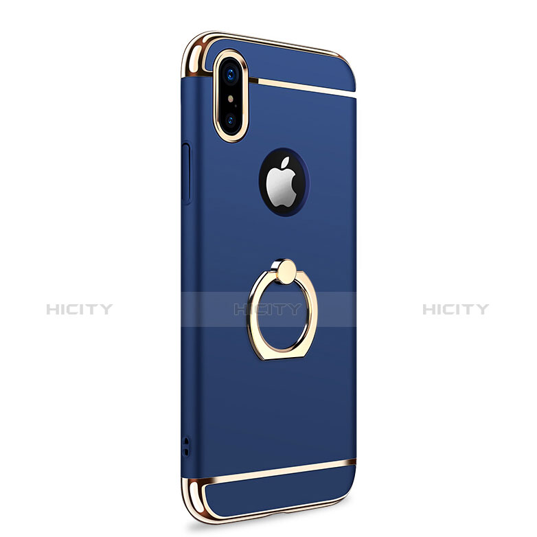 Cover Lusso Metallo Laterale e Plastica con Anello Supporto F02 per Apple iPhone Xs Blu