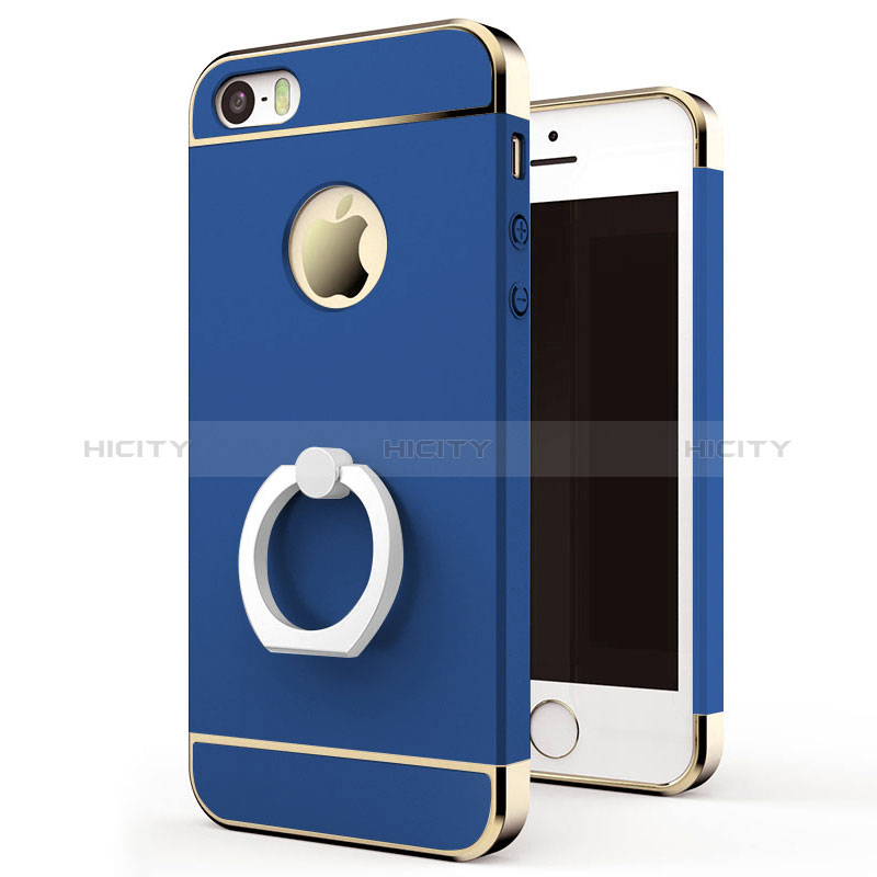 Cover Lusso Metallo Laterale e Plastica con Anello Supporto per Apple iPhone 5 Blu