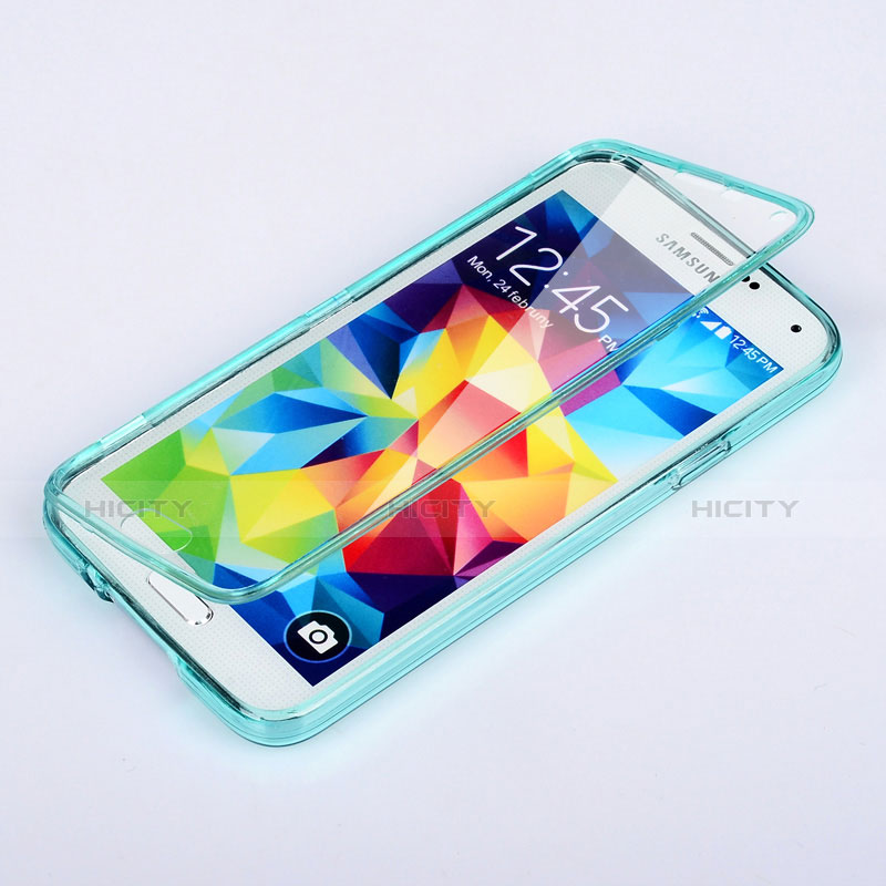 Cover Silicone Trasparente A Flip Morbida per Samsung Galaxy S5 Duos Plus Cielo Blu