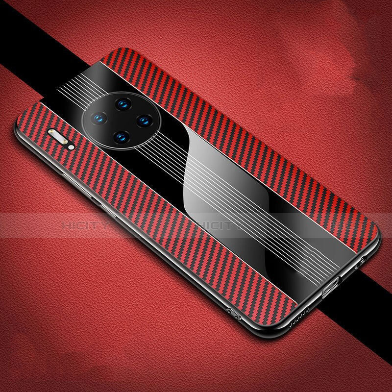 Custodia Fibra di Carbonio Lusso Morbida Spigato Cover T01 per Huawei Mate 30 Pro 5G Rosso