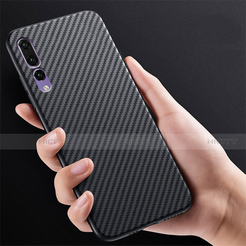 Custodia Fibra di Carbonio Lusso Morbida Spigato Cover T01 per Huawei P20 Pro Nero