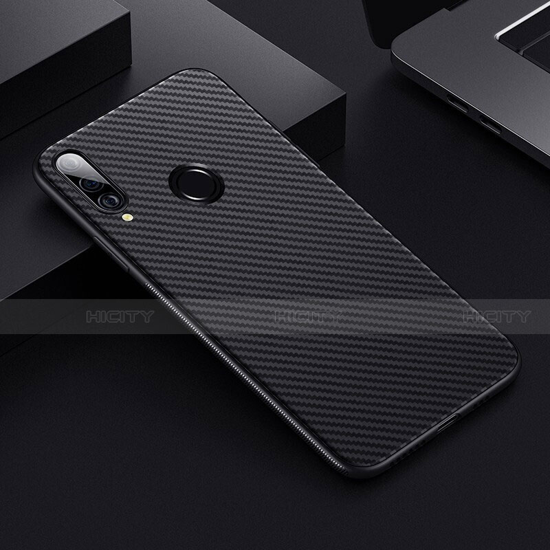 Custodia Fibra di Carbonio Lusso Morbida Spigato Cover T01 per Huawei P30 Lite Nero