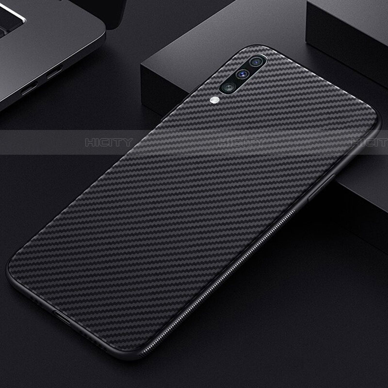 Custodia Fibra di Carbonio Lusso Morbida Spigato Cover T01 per Samsung Galaxy A70 Nero