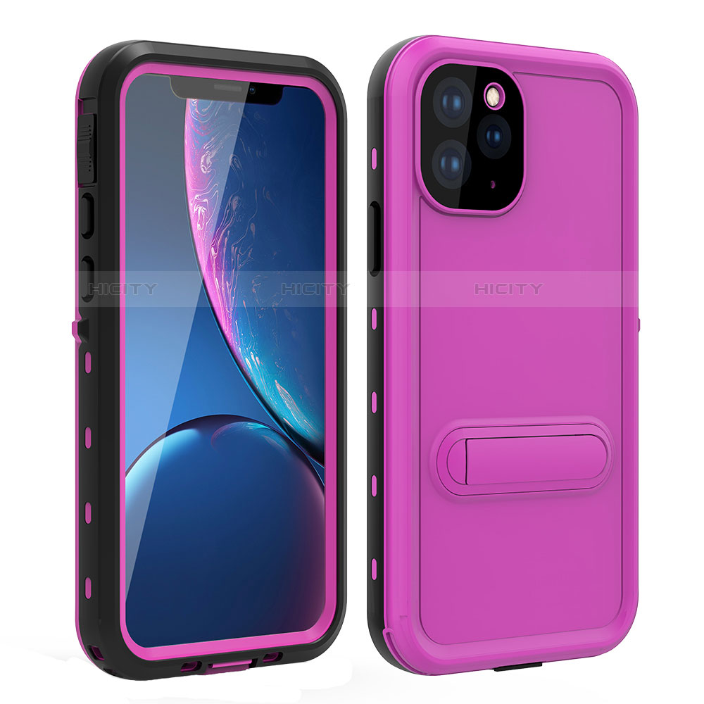 Custodia Impermeabile Silicone e Plastica Opaca Waterproof Cover 360 Gradi con Supporto per Apple iPhone 11 Pro Rosa Caldo