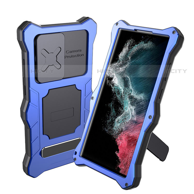 Custodia Impermeabile Silicone e Plastica Opaca Waterproof Cover 360 Gradi con Supporto per Samsung Galaxy S21 Ultra 5G Blu