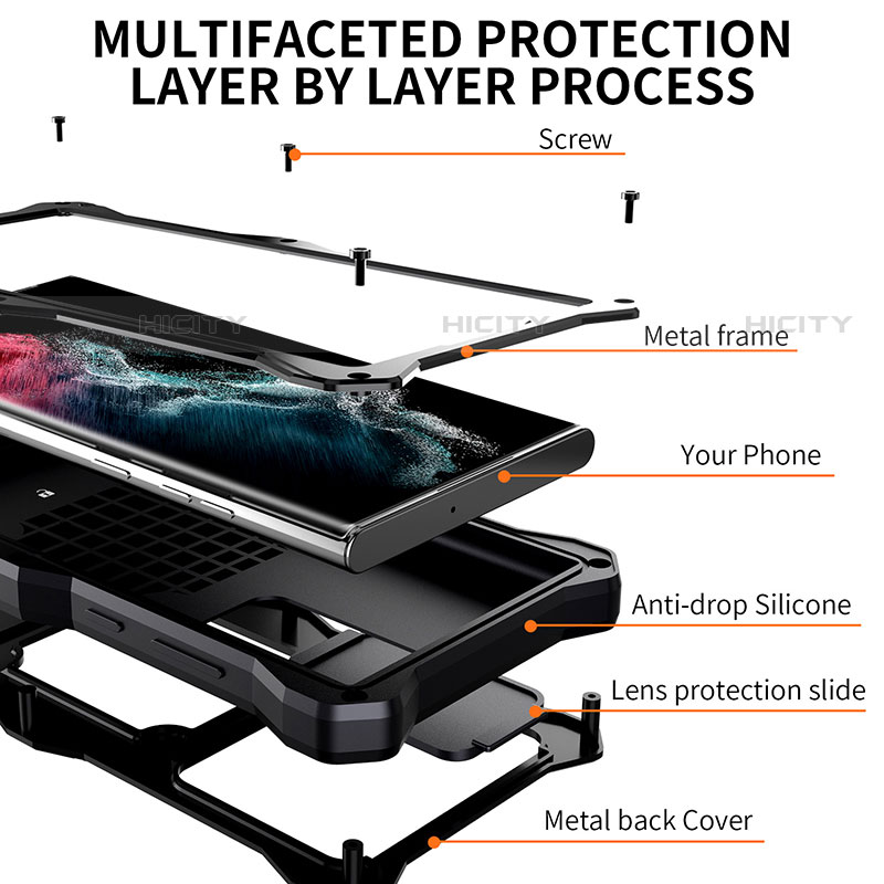 Custodia Impermeabile Silicone e Plastica Opaca Waterproof Cover 360 Gradi con Supporto T01 per Samsung Galaxy S23 Ultra 5G