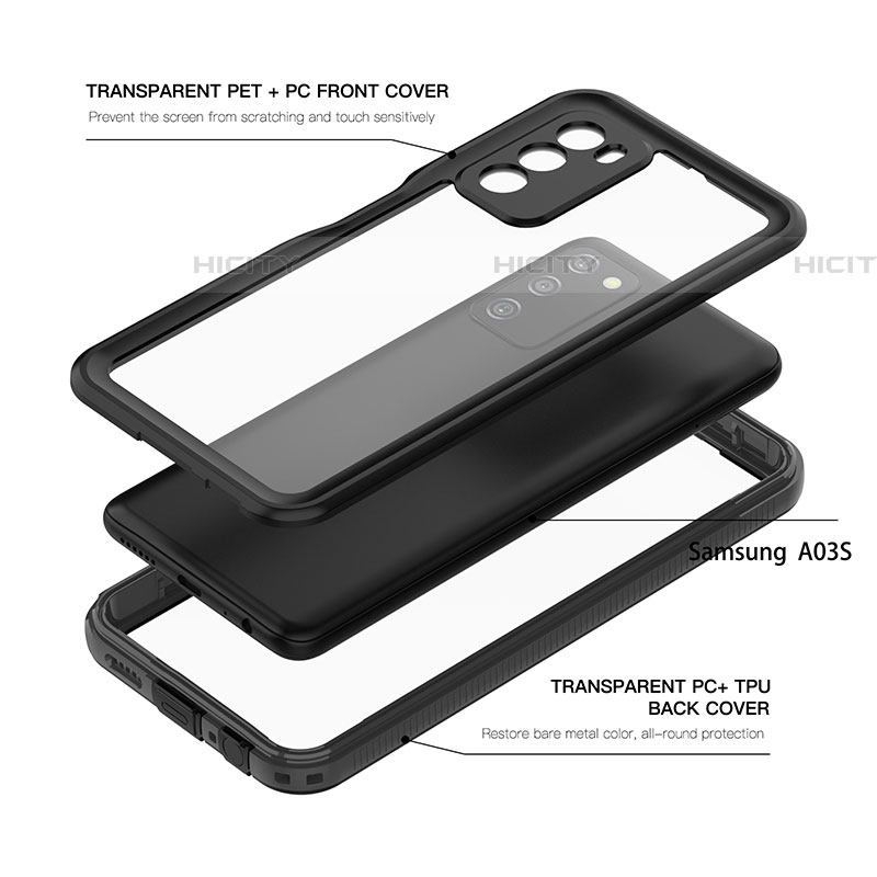 Custodia Impermeabile Silicone e Plastica Opaca Waterproof Cover 360 Gradi per Samsung Galaxy A03s Nero