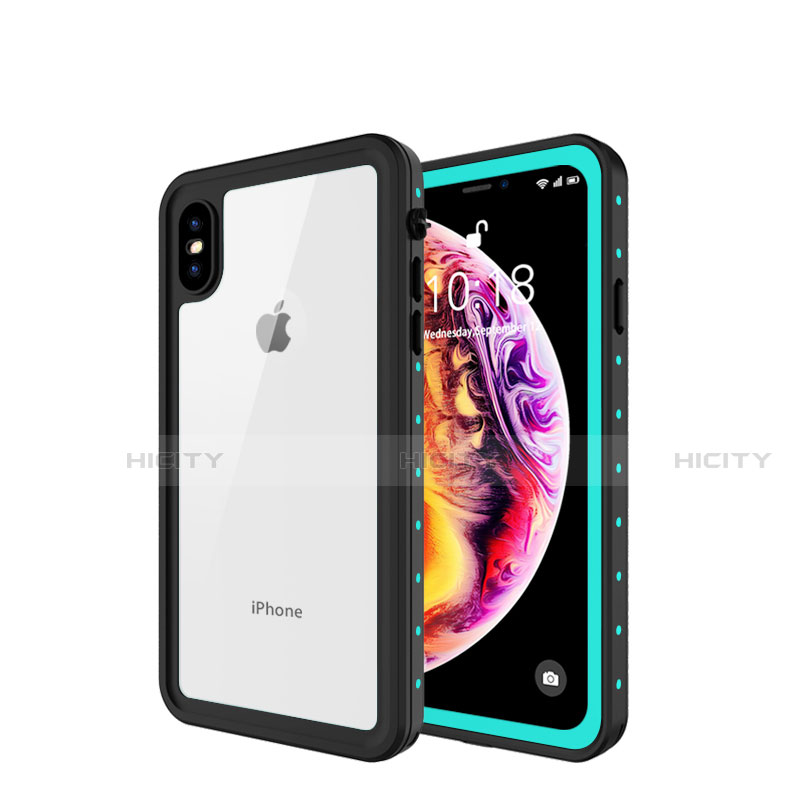 Custodia Impermeabile Silicone e Plastica Opaca Waterproof Cover 360 Gradi W01 per Apple iPhone Xs Ciano