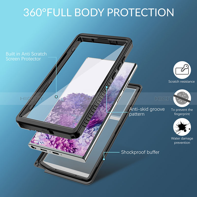 Custodia Impermeabile Silicone e Plastica Opaca Waterproof Cover 360 Gradi W02 per Samsung Galaxy S23 Ultra 5G Nero