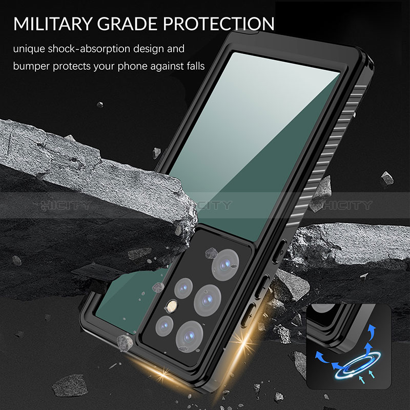 Custodia Impermeabile Silicone e Plastica Opaca Waterproof Cover 360 Gradi W02 per Samsung Galaxy S23 Ultra 5G Nero