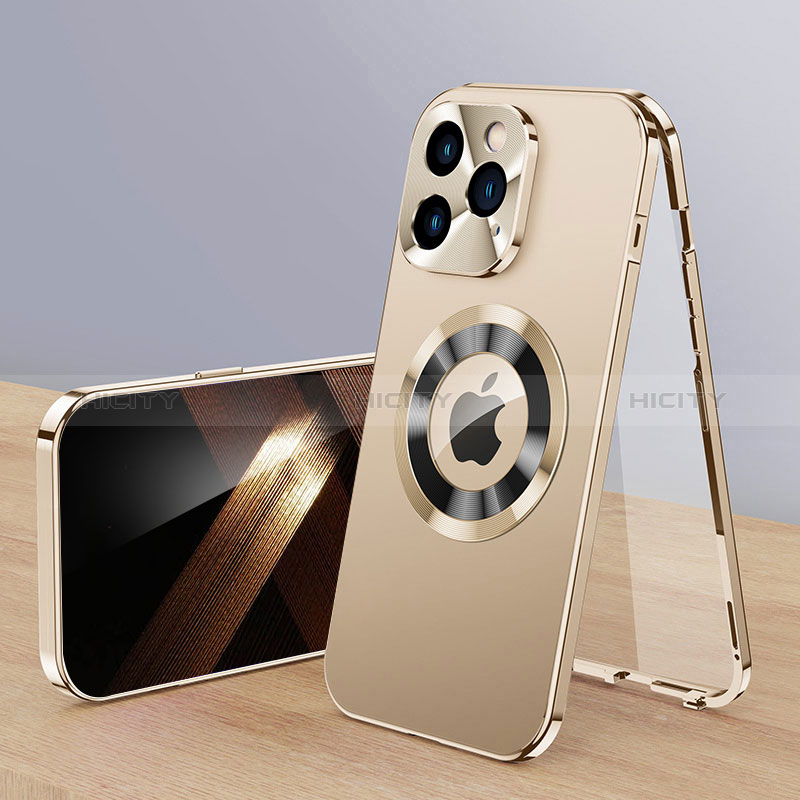 Custodia Lusso Alluminio Cover 360 Gradi con Mag-Safe Magnetic P01 per Apple iPhone 14 Pro Max Oro