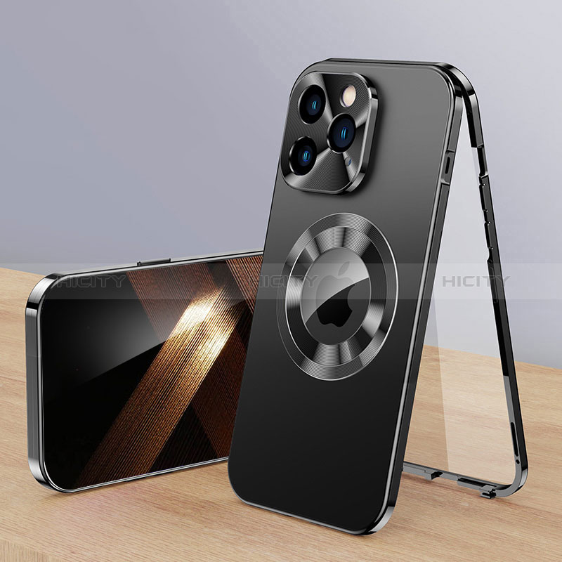 Custodia Lusso Alluminio Cover 360 Gradi con Mag-Safe Magnetic P01 per Apple iPhone 15 Pro Max Nero