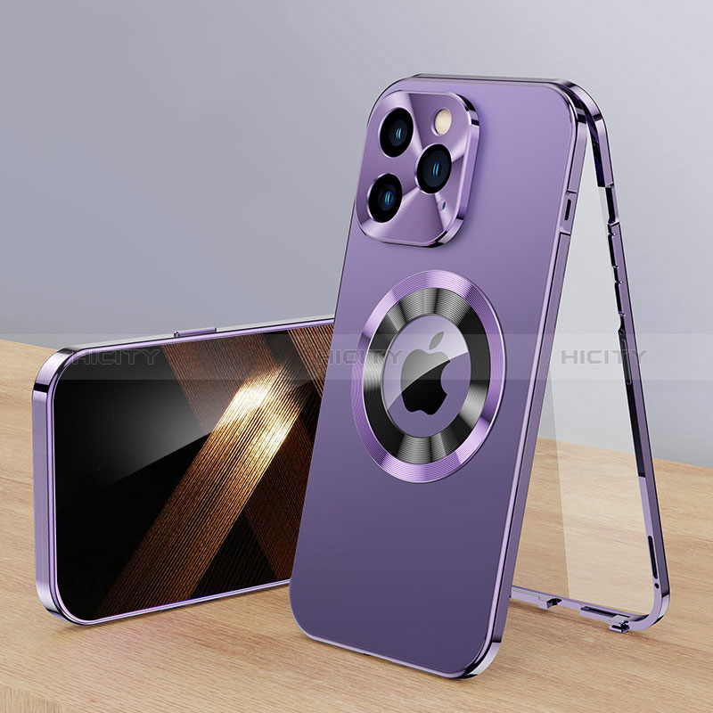 Custodia Lusso Alluminio Cover 360 Gradi con Mag-Safe Magnetic P01 per Apple iPhone 15 Pro Max Viola