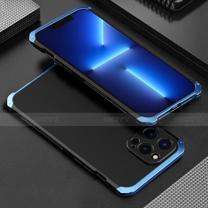 Custodia Lusso Alluminio Cover 360 Gradi per Apple iPhone 13 Pro Max Blu e Nero