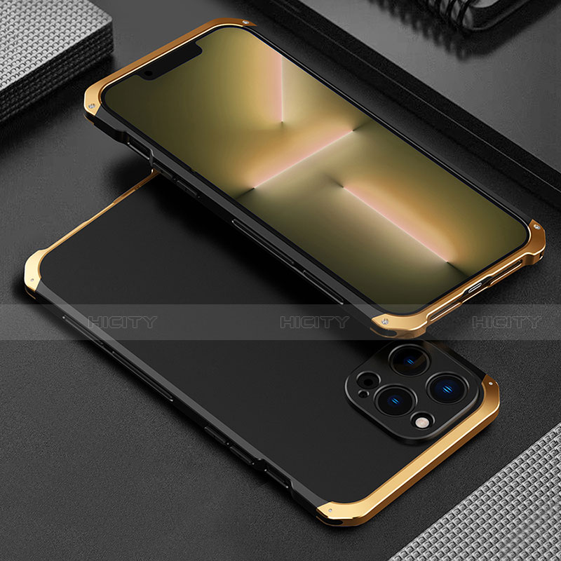 Custodia Lusso Alluminio Cover 360 Gradi per Apple iPhone 13 Pro Max Oro e Nero