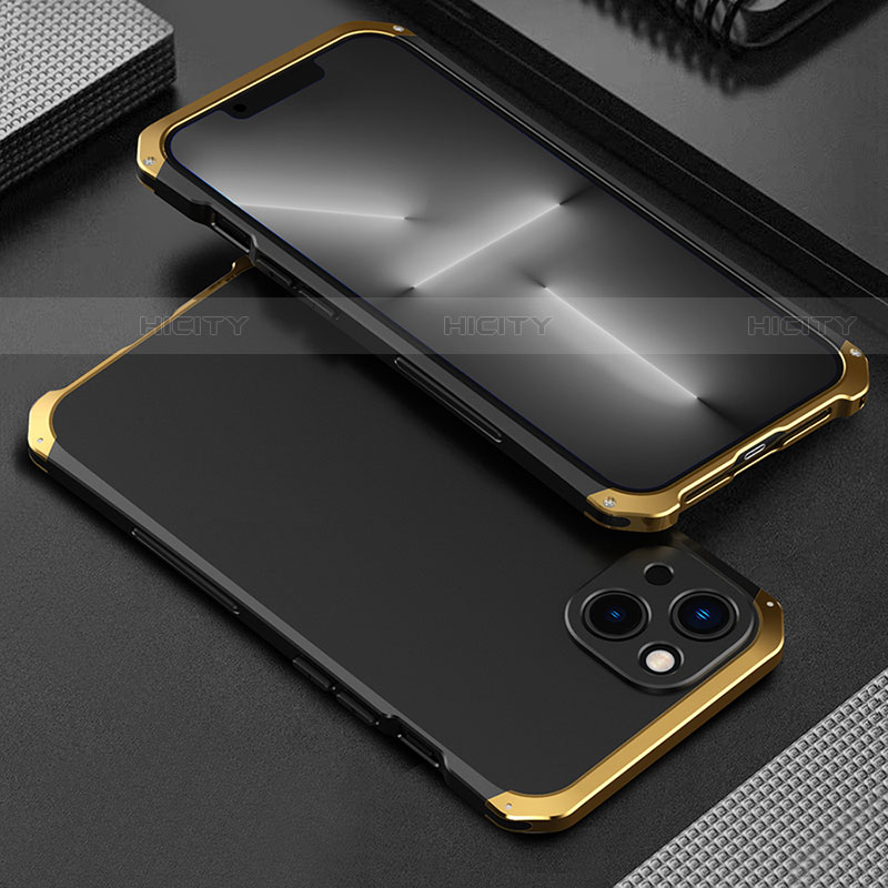 Custodia Lusso Alluminio Cover 360 Gradi per Apple iPhone 14 Oro e Nero