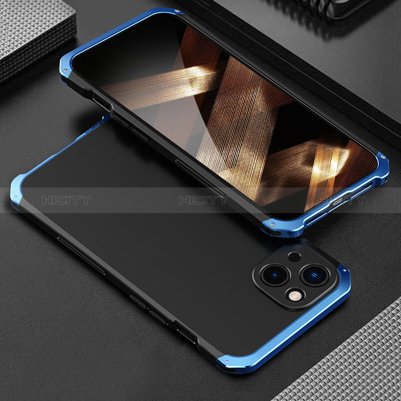 Custodia Lusso Alluminio Cover 360 Gradi per Apple iPhone 15 Plus Blu e Nero