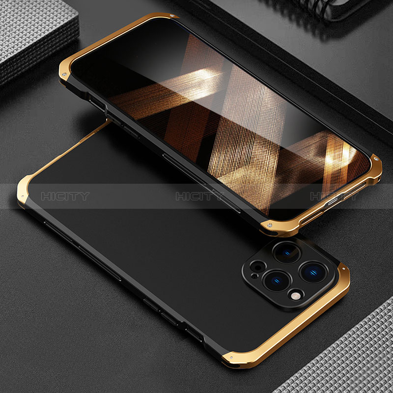 Custodia Lusso Alluminio Cover 360 Gradi per Apple iPhone 15 Pro Max Oro e Nero