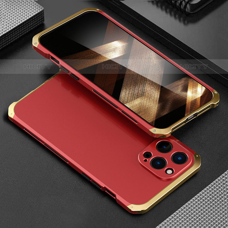 Custodia Lusso Alluminio Cover 360 Gradi per Apple iPhone 16 Pro Oro e Rosso