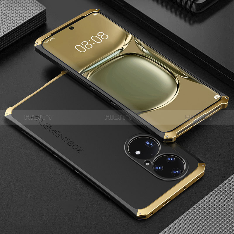 Custodia Lusso Alluminio Cover 360 Gradi per Huawei P50 Pro Oro e Nero