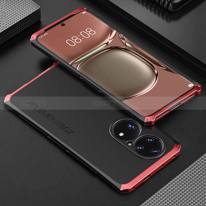 Custodia Lusso Alluminio Cover 360 Gradi per Huawei P50 Rosso e Nero