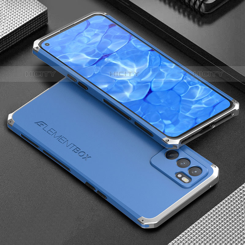 Custodia Lusso Alluminio Cover 360 Gradi per Oppo Reno6 5G Argento e Blu