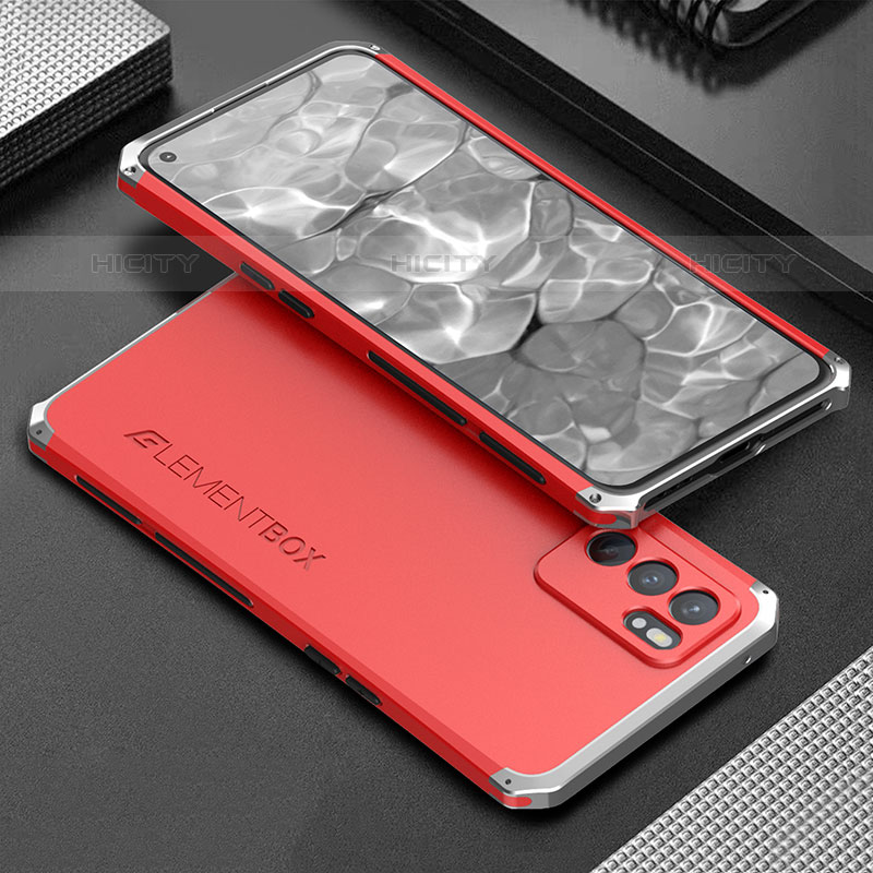 Custodia Lusso Alluminio Cover 360 Gradi per Oppo Reno6 5G Argento e Rosso