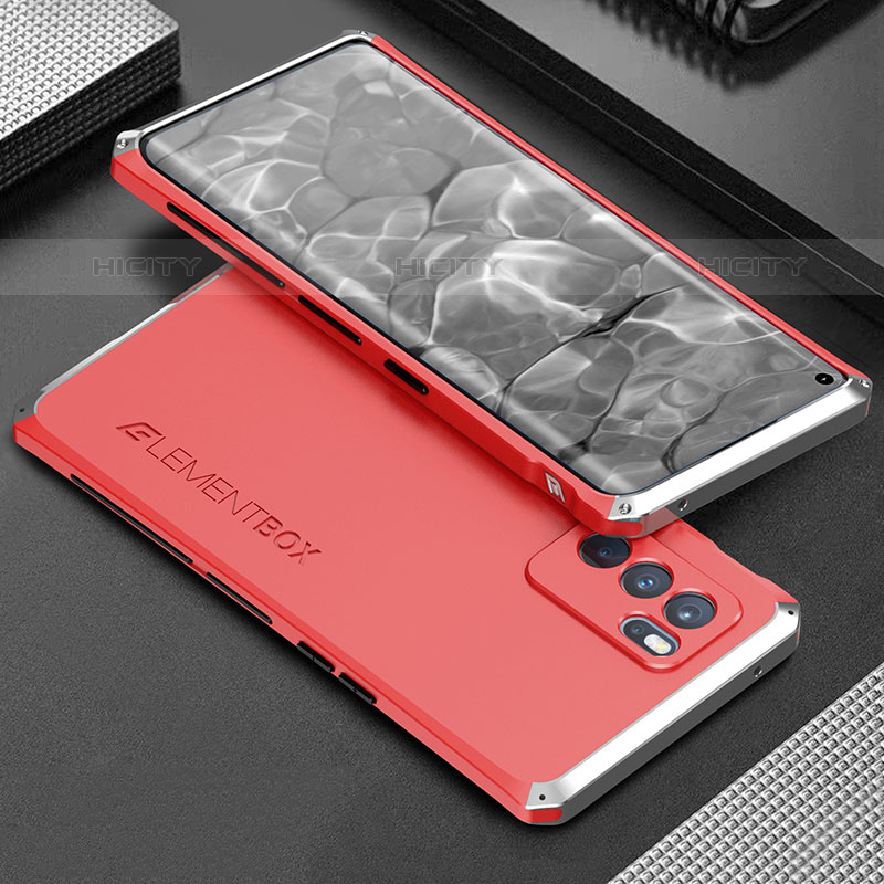 Custodia Lusso Alluminio Cover 360 Gradi per Oppo Reno6 Pro 5G India Argento e Rosso