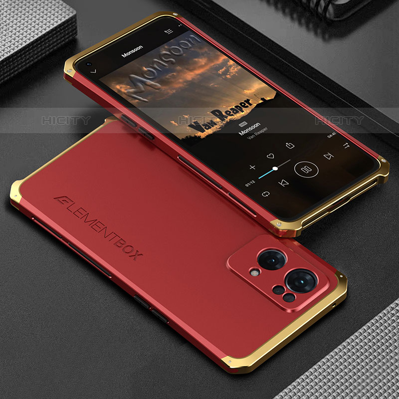 Custodia Lusso Alluminio Cover 360 Gradi per Oppo Reno7 Pro 5G Oro e Rosso