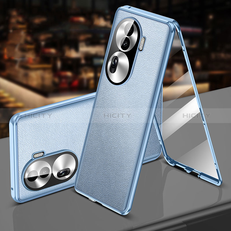 Custodia Lusso Alluminio e Pelle Cover 360 Gradi P01 per Oppo Reno11 Pro 5G Cielo Blu