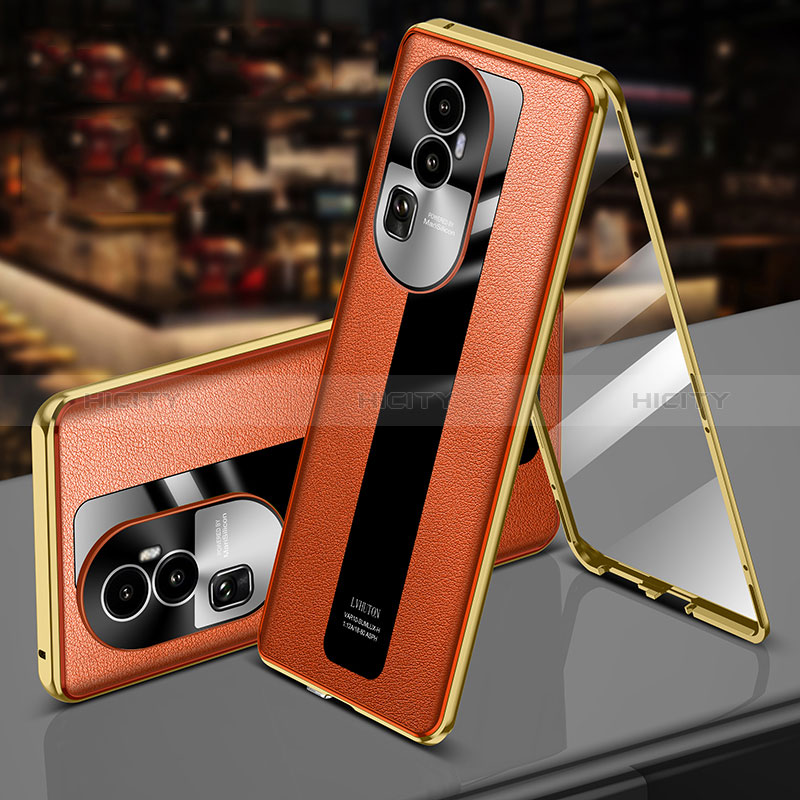 Custodia Lusso Alluminio e Pelle Cover 360 Gradi P02 per Oppo Reno10 Pro+ Plus 5G Arancione