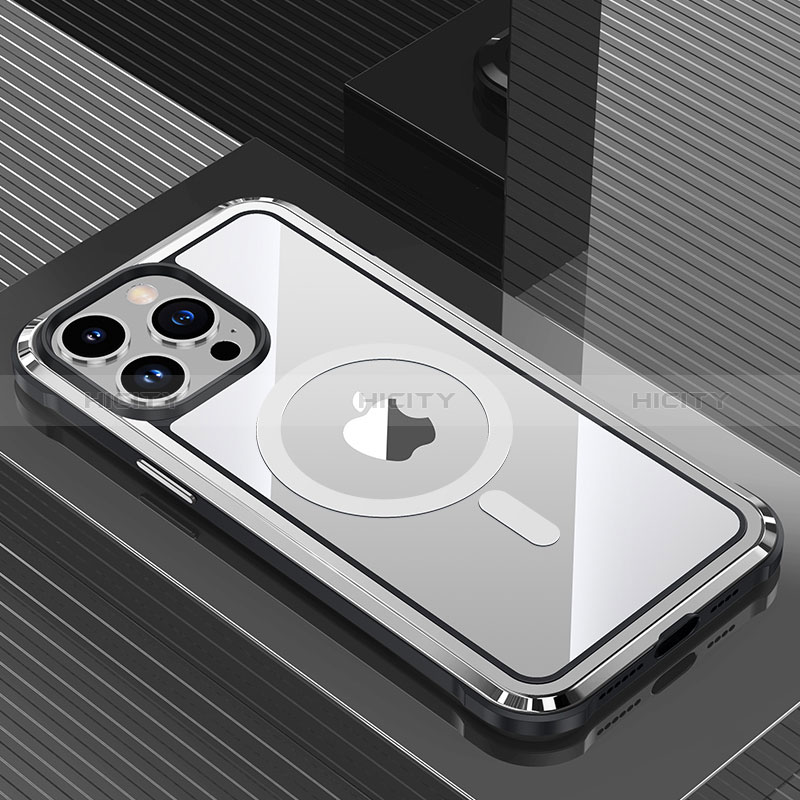 Custodia Lusso Alluminio e Silicone Laterale Cover con Mag-Safe Magnetic QC1 per Apple iPhone 14 Pro Argento