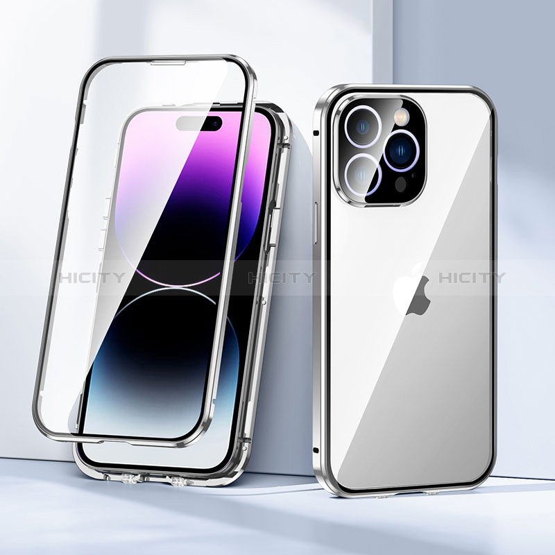 Custodia Lusso Alluminio Laterale Specchio 360 Gradi Cover LK2 per Apple iPhone 14 Pro Argento