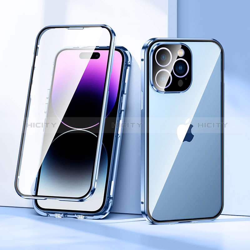 Custodia Lusso Alluminio Laterale Specchio 360 Gradi Cover LK2 per Apple iPhone 14 Pro Blu